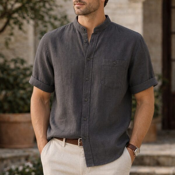 Men’s Grey Linen Shirt with Short Sleeves