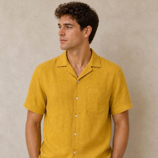 Men’s Mustard Yellow Linen Shirt with Short Sleeves
